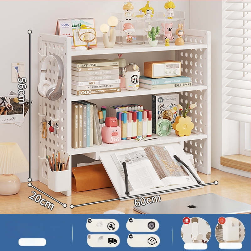 Stalo knygų spinta su daug sluoksnių dizainu ir reguliuojamomis pertvaromis, skylėta lenta organizacijai, modelis 0010