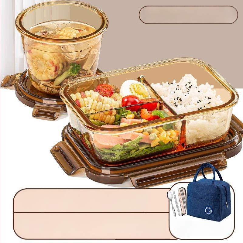 Pietų dėžutė iš borosilikatinio stiklo, tinkama mikrobangų krosnelei, sandari, izoliuota, su dangteliu