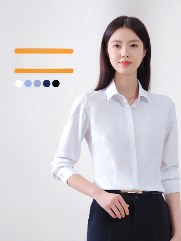 Sievietes garu piedurknēm krekls rudenim, biroja stils, bez gludināšanas, bambusa šķiedras un poliestera maisījums (30-50% katram), izšūts logotips, kvadrātveida apkakle.