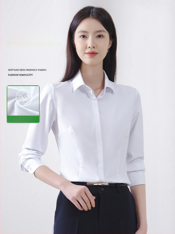 Sievietes garu piedurknēm krekls rudenim, biroja stils, bez gludināšanas, bambusa šķiedras un poliestera maisījums (30-50% katram), izšūts logotips, kvadrātveida apkakle.