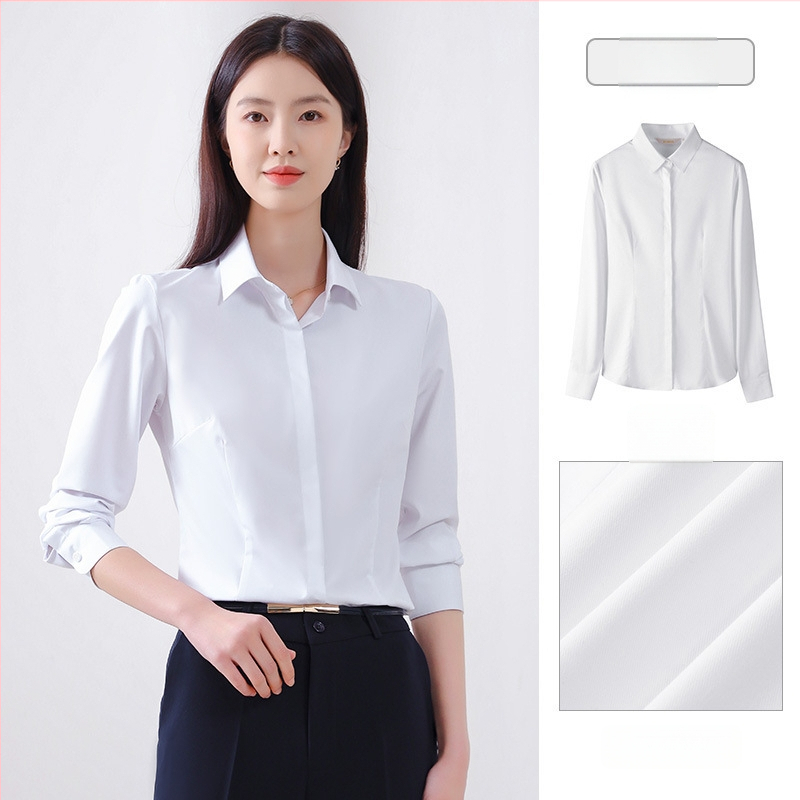 Sievietes garu piedurknēm krekls rudenim, biroja stils, bez gludināšanas, bambusa šķiedras un poliestera maisījums (30-50% katram), izšūts logotips, kvadrātveida apkakle.