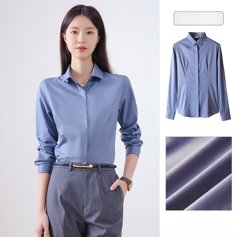 Sievietes garu piedurknēm krekls rudenim, biroja stils, bez gludināšanas, bambusa šķiedras un poliestera maisījums (30-50% katram), izšūts logotips, kvadrātveida apkakle.