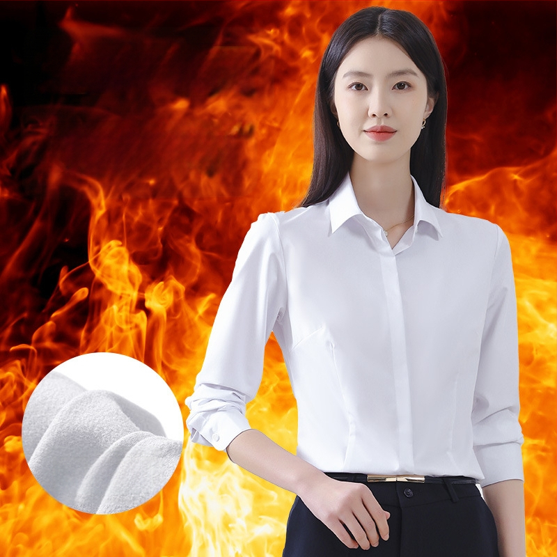 Sievietes garu piedurknēm krekls rudenim, biroja stils, bez gludināšanas, bambusa šķiedras un poliestera maisījums (30-50% katram), izšūts logotips, kvadrātveida apkakle.