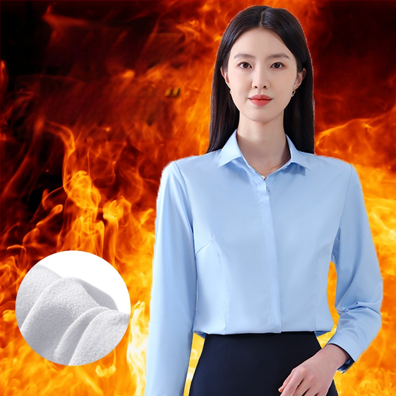 Sievietes garu piedurknēm krekls rudenim, biroja stils, bez gludināšanas, bambusa šķiedras un poliestera maisījums (30-50% katram), izšūts logotips, kvadrātveida apkakle.