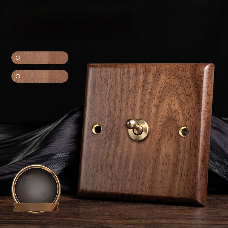 86 tipa sienas kontaktu panelis, Walnut Lever sērija, masīvs melnā valrieksta koks, vara svira, 10A, 220V