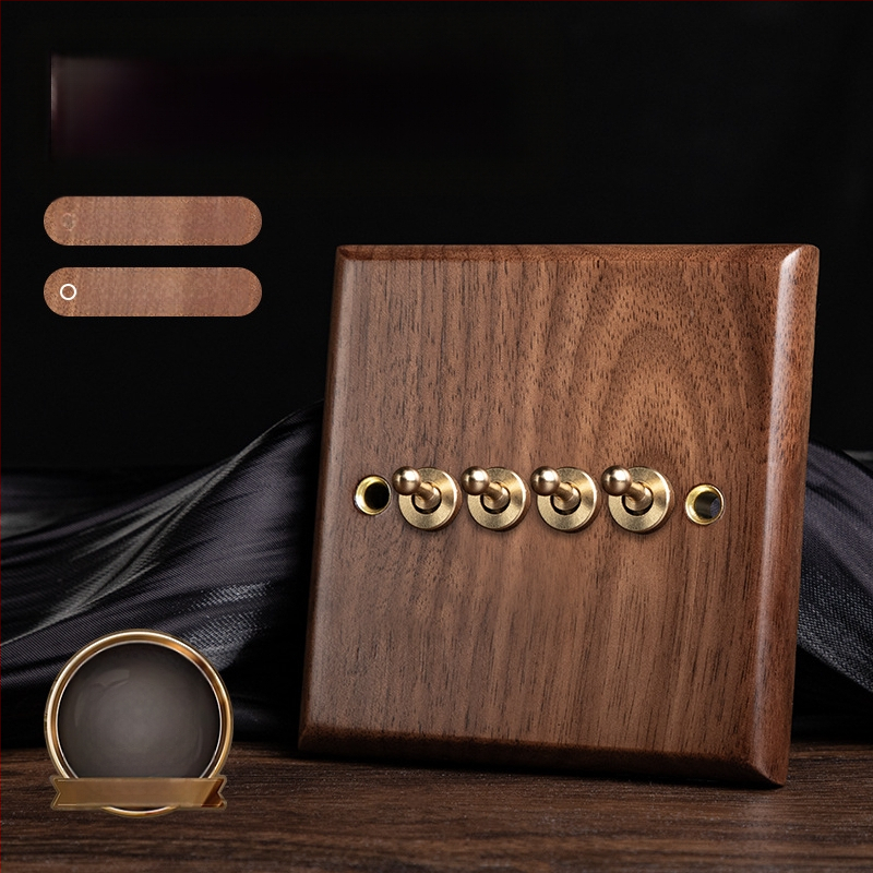 86 tipa sienas kontaktu panelis, Walnut Lever sērija, masīvs melnā valrieksta koks, vara svira, 10A, 220V