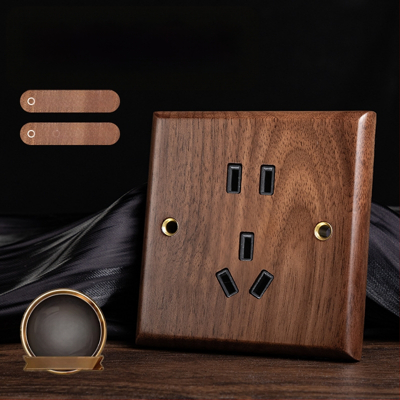 86 tipa sienas kontaktu panelis, Walnut Lever sērija, masīvs melnā valrieksta koks, vara svira, 10A, 220V