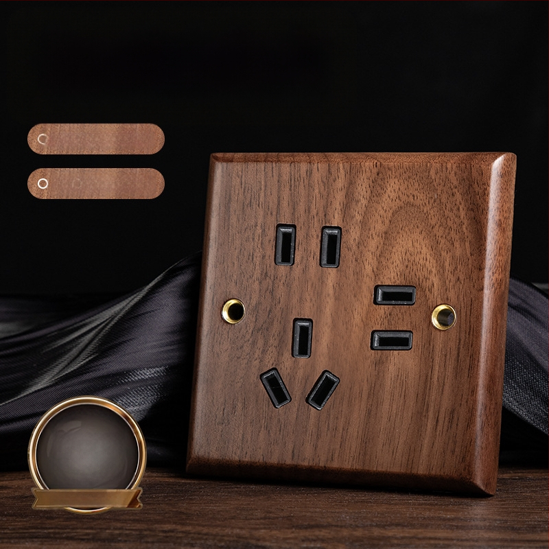 86 tipa sienas kontaktu panelis, Walnut Lever sērija, masīvs melnā valrieksta koks, vara svira, 10A, 220V