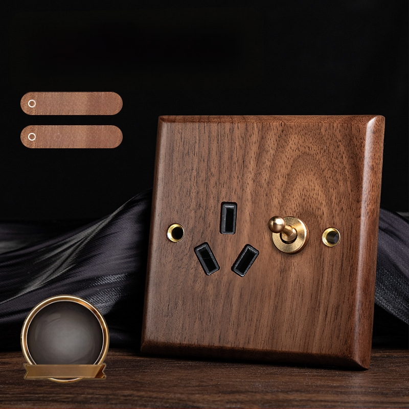 86 tipa sienas kontaktu panelis, Walnut Lever sērija, masīvs melnā valrieksta koks, vara svira, 10A, 220V