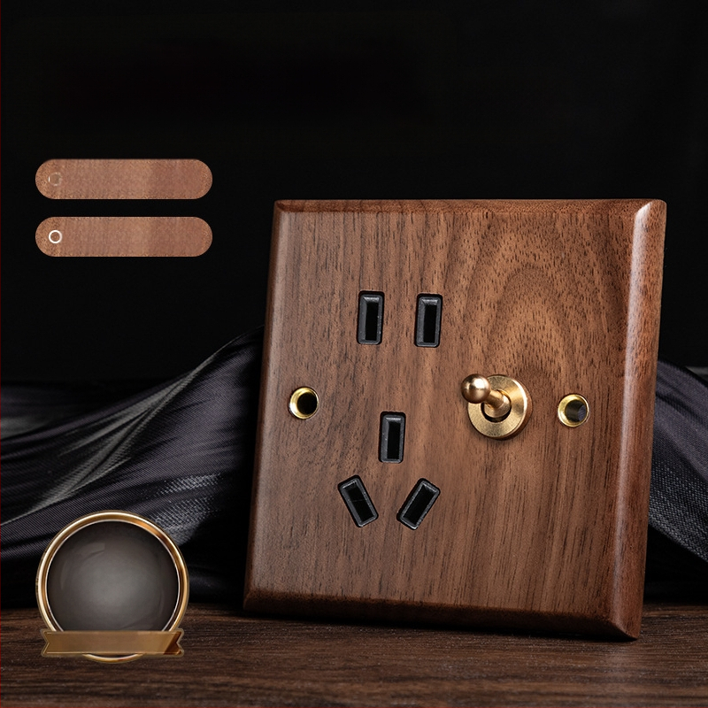 86 tipa sienas kontaktu panelis, Walnut Lever sērija, masīvs melnā valrieksta koks, vara svira, 10A, 220V