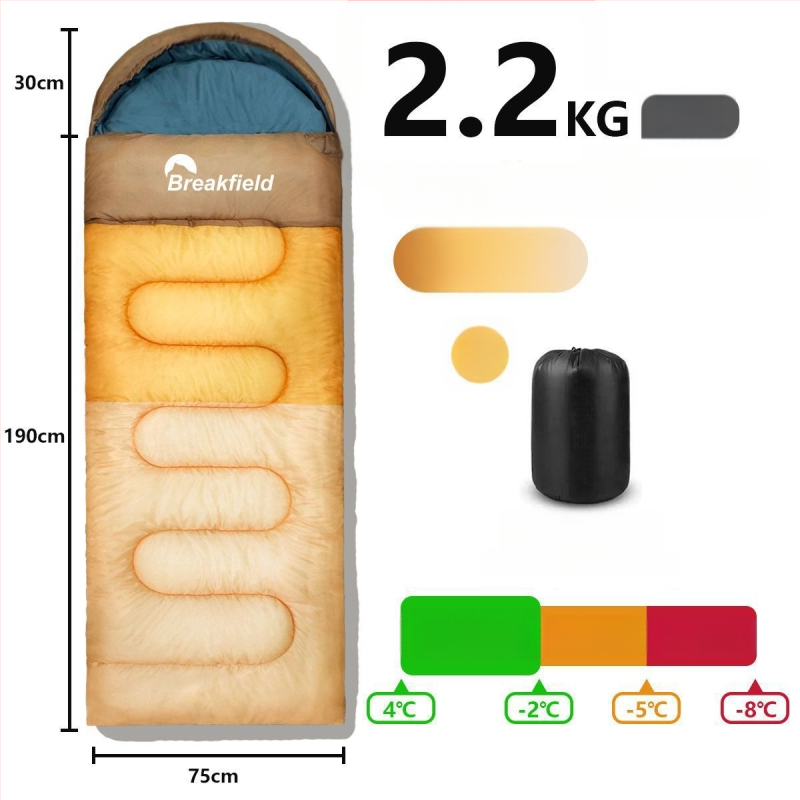 Outdoor stanovanie spací vak na kempovanie, vodeodolný, hrubý výplň, štýl obálky, s kapucňou (Výplň: duté bavlnené vlákno; Podšívka: Chunya Spinning; Materiál: polyester taft; Štruktúra: obálka; Hmotnosť: 1200 g)