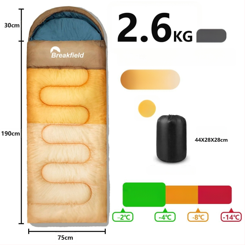 Outdoor stanovanie spací vak na kempovanie, vodeodolný, hrubý výplň, štýl obálky, s kapucňou (Výplň: duté bavlnené vlákno; Podšívka: Chunya Spinning; Materiál: polyester taft; Štruktúra: obálka; Hmotnosť: 1200 g)