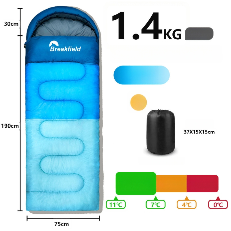Outdoor stanovanie spací vak na kempovanie, vodeodolný, hrubý výplň, štýl obálky, s kapucňou (Výplň: duté bavlnené vlákno; Podšívka: Chunya Spinning; Materiál: polyester taft; Štruktúra: obálka; Hmotnosť: 1200 g)
