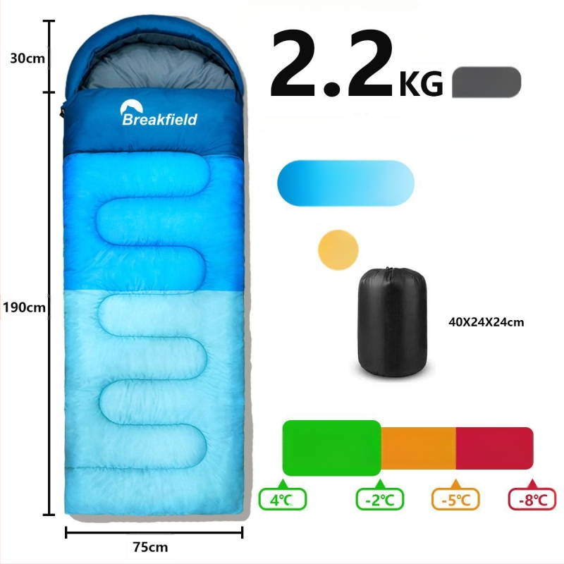 Outdoor stanovanie spací vak na kempovanie, vodeodolný, hrubý výplň, štýl obálky, s kapucňou (Výplň: duté bavlnené vlákno; Podšívka: Chunya Spinning; Materiál: polyester taft; Štruktúra: obálka; Hmotnosť: 1200 g)