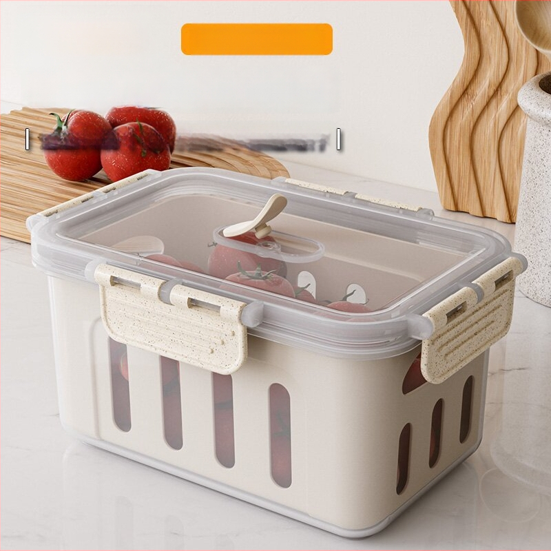 Maisto kokybės plastikinė laikymo dėžutė su dangčiu, sandari, su nusausinimo skyriaus vaisiams, tinkama mikrobangų krosnelei (Plastikas • Sandari • Nusausinimo skyrius • Mikrobangų)