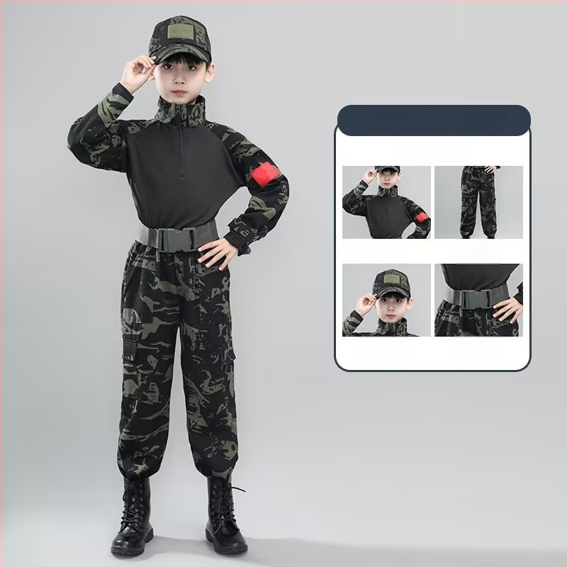 Treniruotės uniforma su kamufliažu, atspari vandeniui, iš cheminių pluoštų mišinio; vaikams, unisex, pavasaris–vasara–ruduo