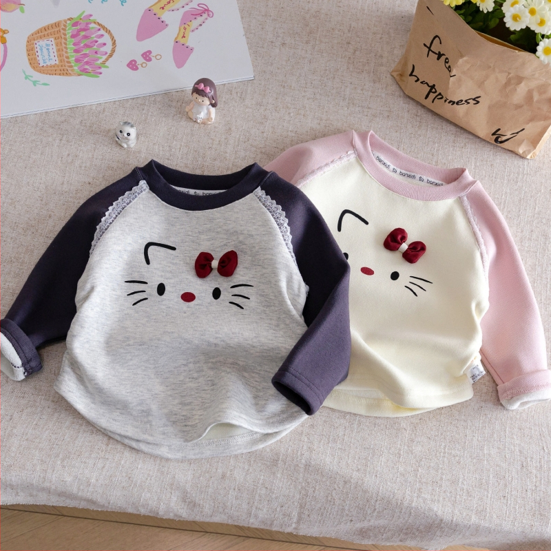 Tüdrukute pikkade käistega T-särk sügis-talveks, soe fleece-vooder, mitmekülgne disain; 95% puuvill