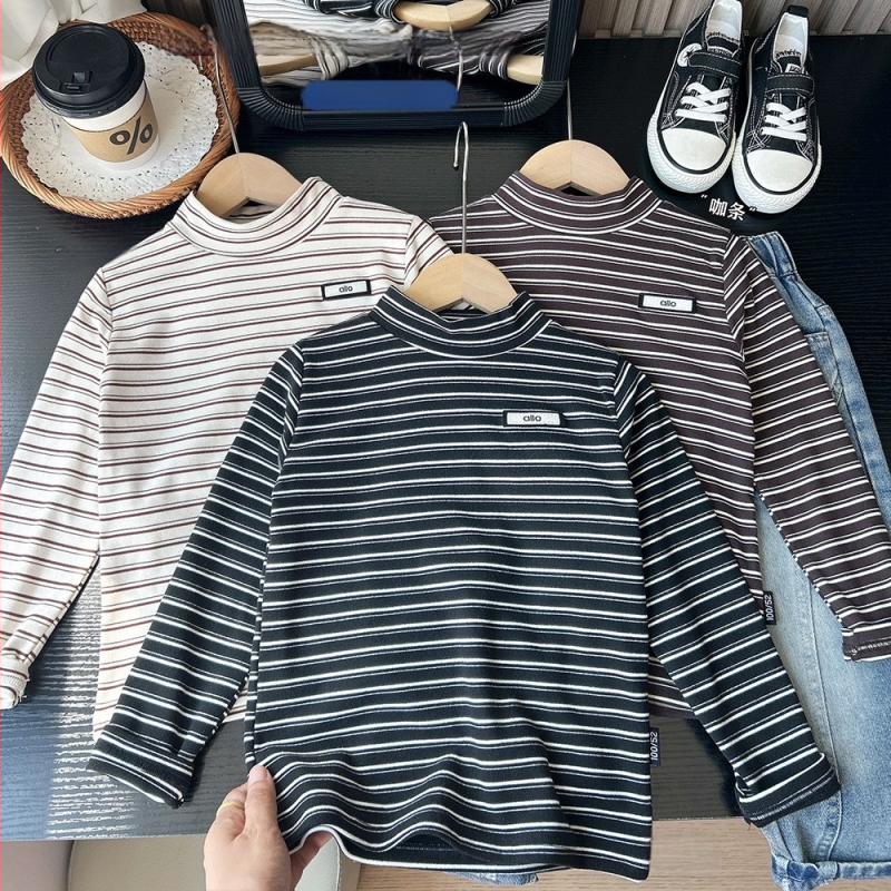 Berniškos dryžuotos ilgų rankovių marškinėliai su elastingumu, korėjietiško stiliaus, poliesterio mišinys, vaikams nuo 8 metų, žiema 2025