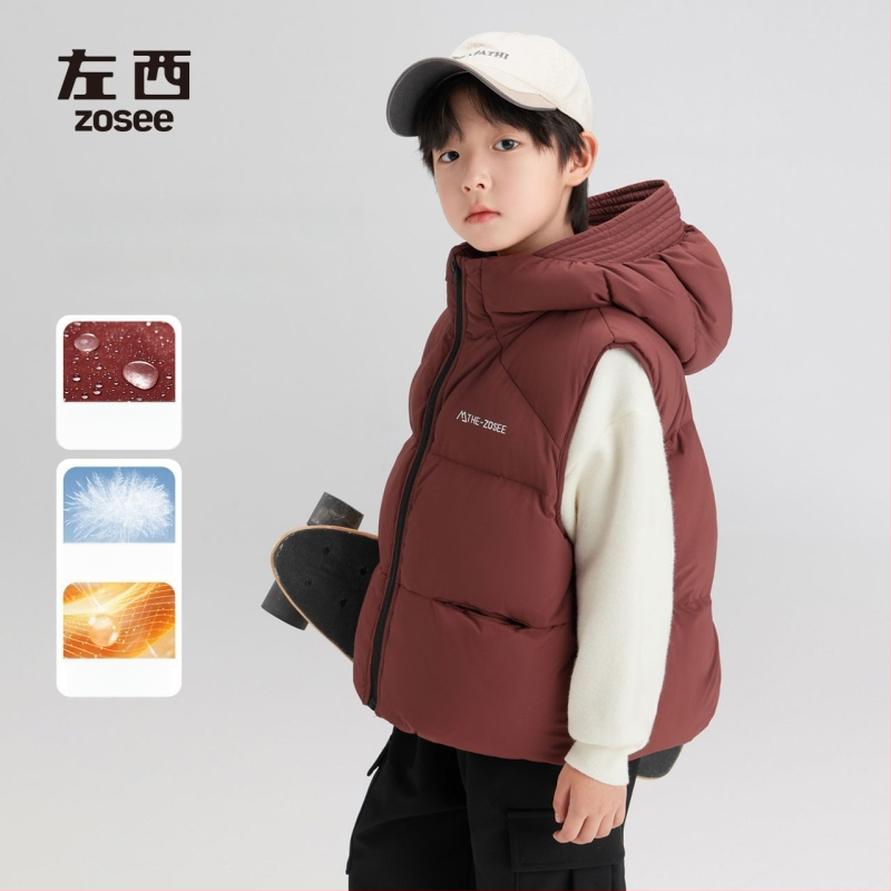 Gyerekeknek kapucnis tollas mellény, koreai stílus, poliészter külső, téli viselet