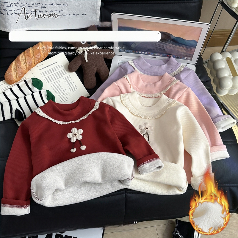 Mergaitei skirta fleece pagrindinio sluoksnio viršutinė palaidinė su gėlių raštu, apvali kaklo linija, ilgomis rankovėmis, tinkama žiemai ir rudeniui, audinys: poliesteris 93,6% / spandeksas 6,4%