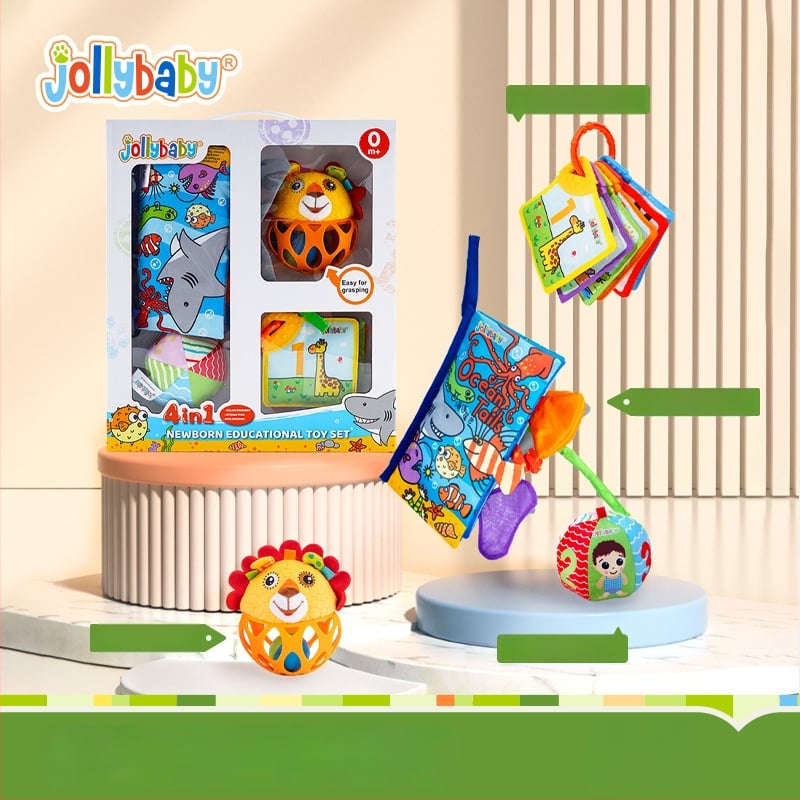 Jollybaby Kūdikio dovanos rinkinys ankstyvajai raidai: audinio knygelė ir barškučiai 0–6 mėnesiams