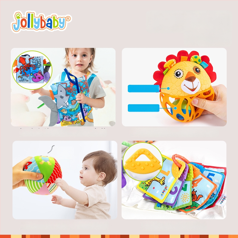 Jollybaby Kūdikio dovanos rinkinys ankstyvajai raidai: audinio knygelė ir barškučiai 0–6 mėnesiams