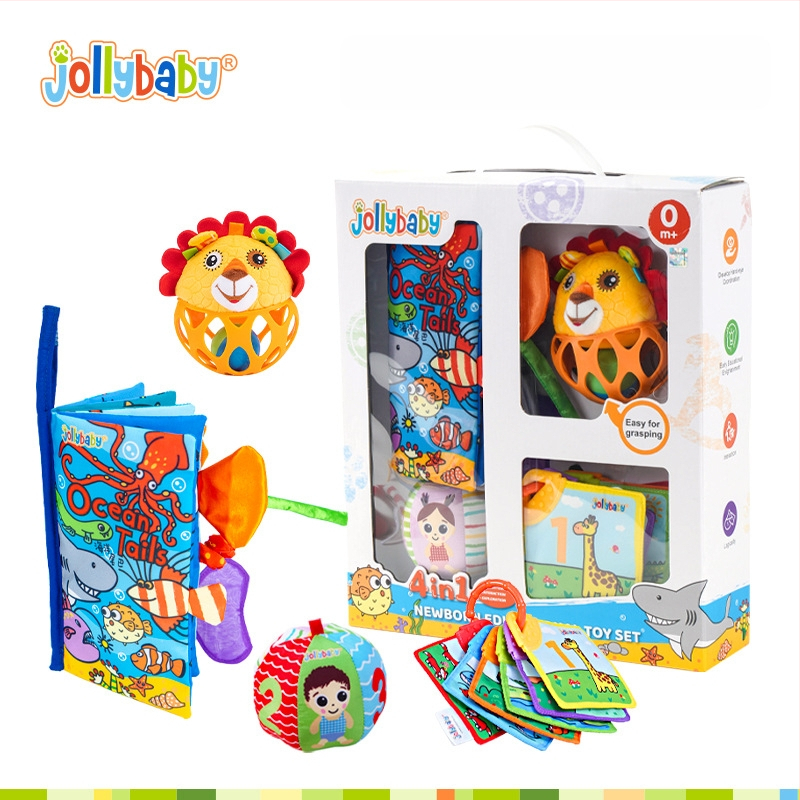 Jollybaby Kūdikio dovanos rinkinys ankstyvajai raidai: audinio knygelė ir barškučiai 0–6 mėnesiams