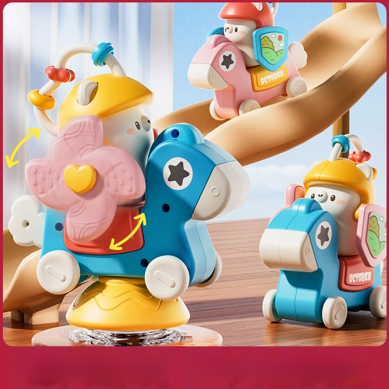 Hariduslik mitmekülgne mänguasi imikutele, kinnituvaga karusel, pöörlev tuuleveski, libisev auto, plastikust konstruktsioon, vanus 0–3 aastat