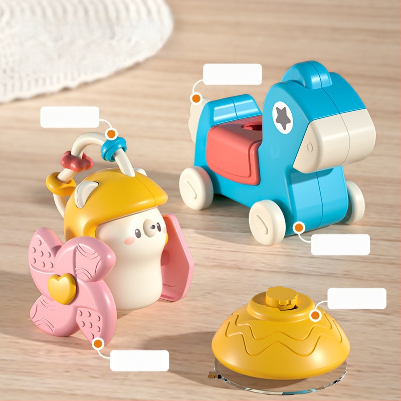 Hariduslik mitmekülgne mänguasi imikutele, kinnituvaga karusel, pöörlev tuuleveski, libisev auto, plastikust konstruktsioon, vanus 0–3 aastat