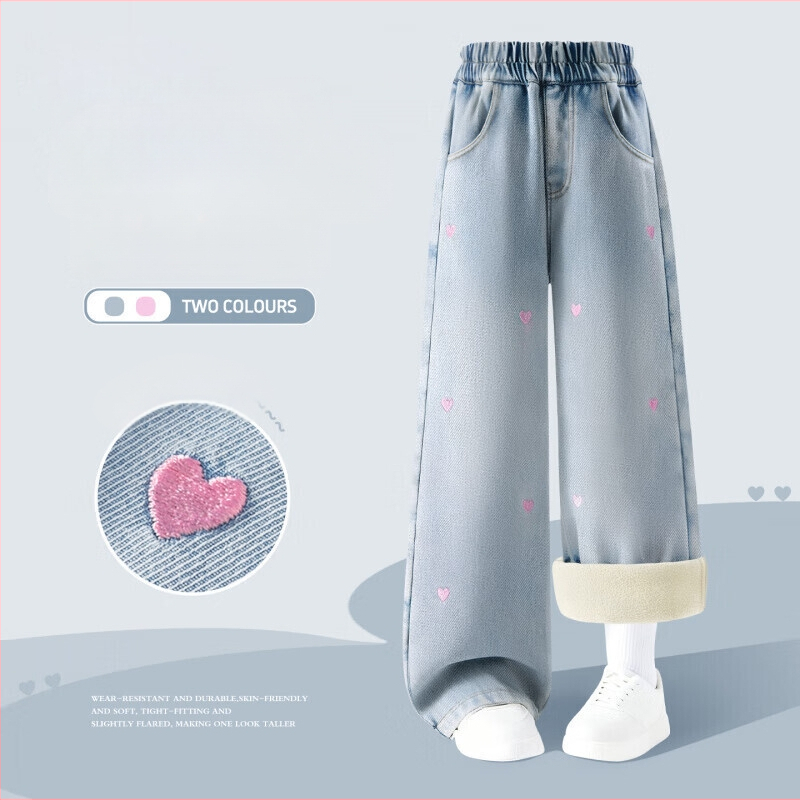 Mergaitėms džinsinės kelnės su širdies siuvinėjimu, storos ir šiltos, liemuo su elastine juosta, ilgos kelnės, iš medvilnės mišinio