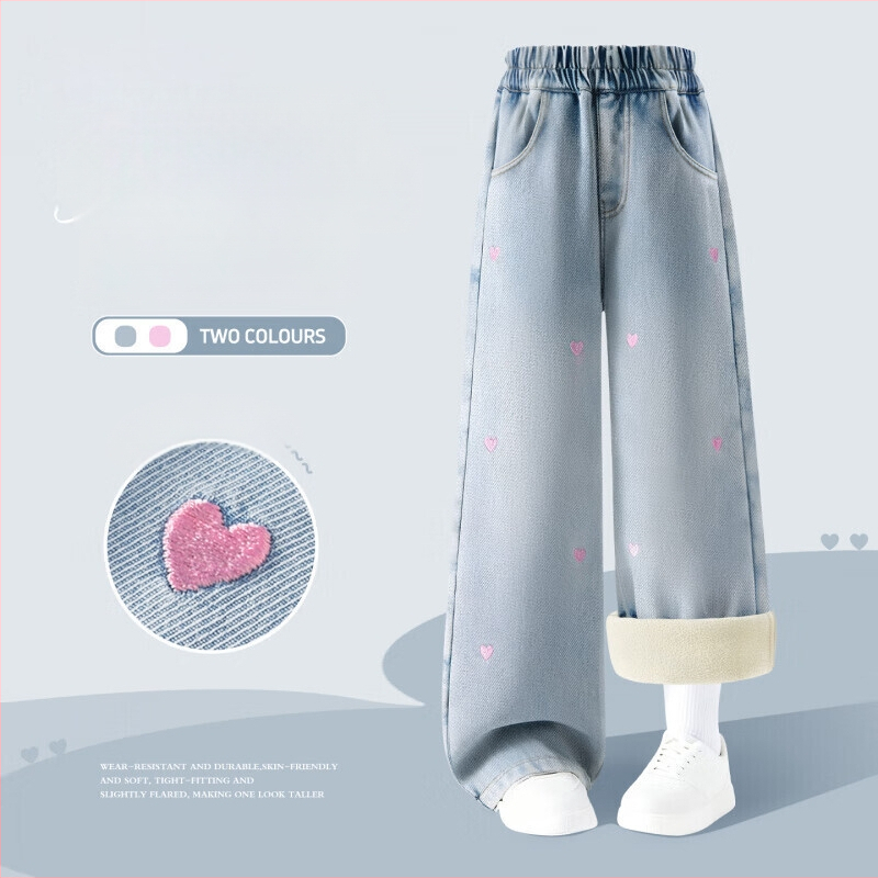 Mergaitėms džinsinės kelnės su širdies siuvinėjimu, storos ir šiltos, liemuo su elastine juosta, ilgos kelnės, iš medvilnės mišinio