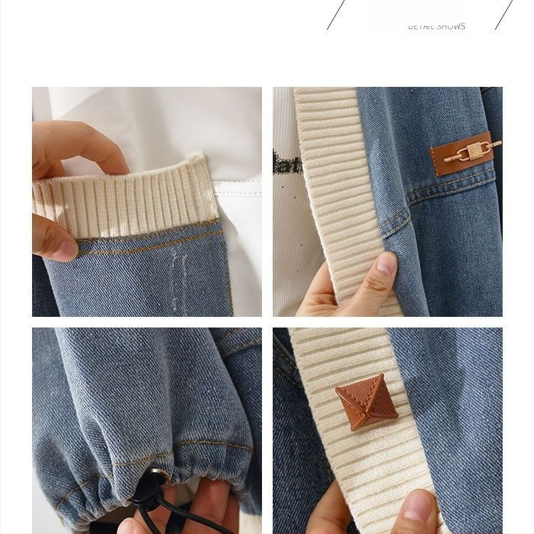 Patchworkové dámske džínové sako, Hongkong štýl, voľný strih, V-krk, šitie vreciek