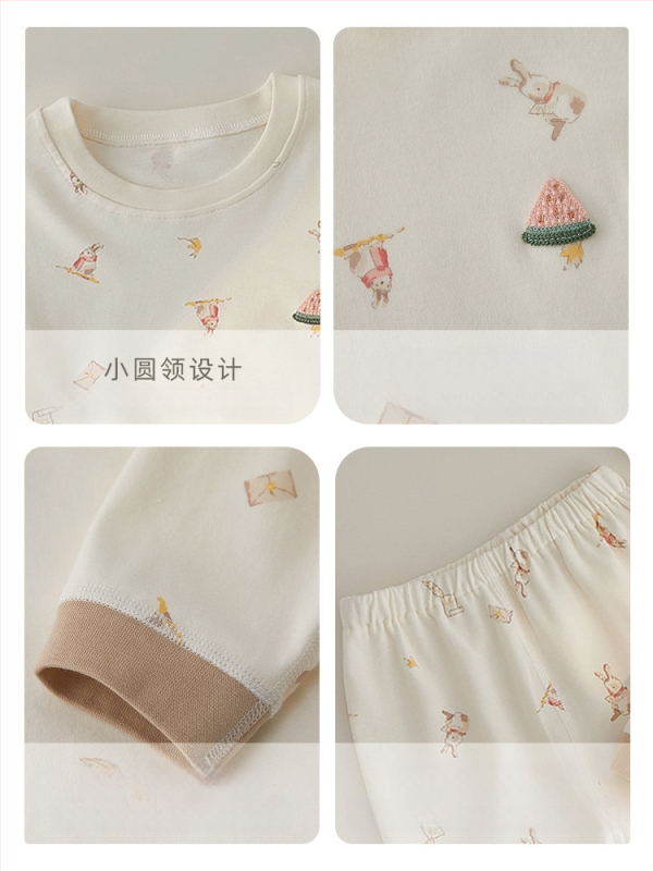 Vaikų apatinių komplektas iš 100% medvilnės, naujagimiams 0–12 mėn, apvalus kaklo iškirptė, neutrali lytis, gyvūnų/karikatūrų raštas, išlaiko šilumą, pavasariui ir rudeniui