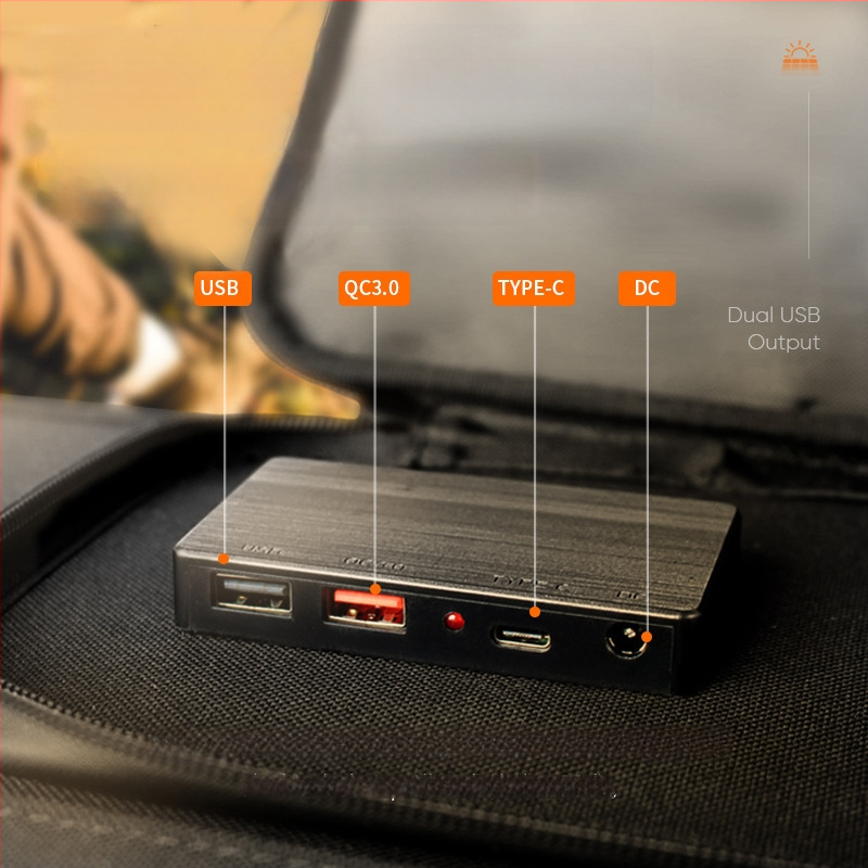 Monokristālisks 30W saules salokāma uzlādes soma, 18V, div USB porti, ūdensizturīga, ārējai lietošanai