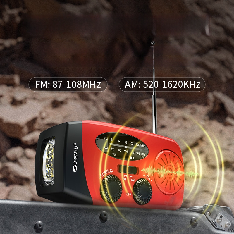 Avarinis saulės radijas su rankiniu dinamomu ir LED lemputėmis — saulės įkrovimas + rankinis generatorius, Modelis V211