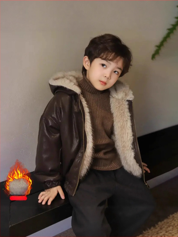 Vaikiška dvipusė PU odinė striukė su gobtuvu, fliso pamušalu ir užtrauktuku