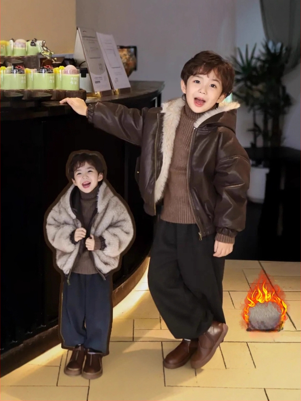 Vaikiška dvipusė PU odinė striukė su gobtuvu, fliso pamušalu ir užtrauktuku