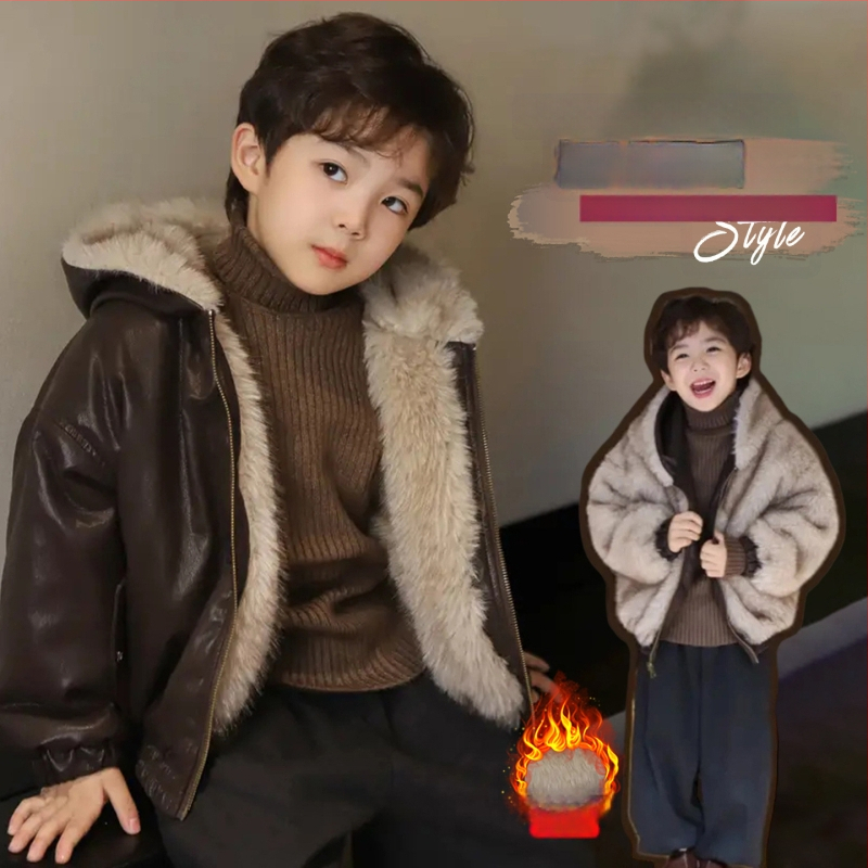 Vaikiška dvipusė PU odinė striukė su gobtuvu, fliso pamušalu ir užtrauktuku