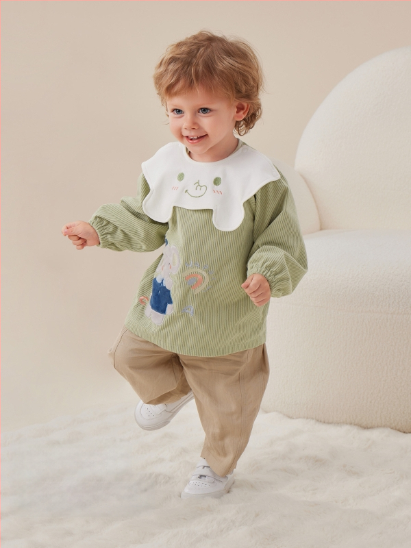 Vaikų vandeniui atsparus corduroy smock su bib, animacinis raštas, 100% poliesteris, amžius 0–1 metų, ruduo 2025