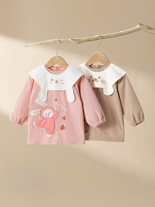 Vaikų vandeniui atsparus corduroy smock su bib, animacinis raštas, 100% poliesteris, amžius 0–1 metų, ruduo 2025