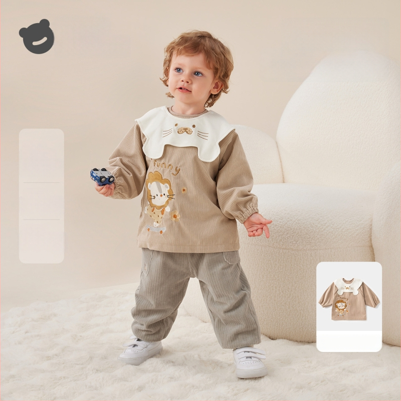 Vaikų vandeniui atsparus corduroy smock su bib, animacinis raštas, 100% poliesteris, amžius 0–1 metų, ruduo 2025