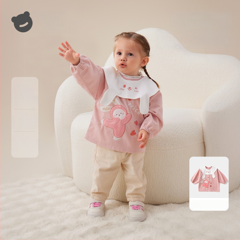 Vaikų vandeniui atsparus corduroy smock su bib, animacinis raštas, 100% poliesteris, amžius 0–1 metų, ruduo 2025