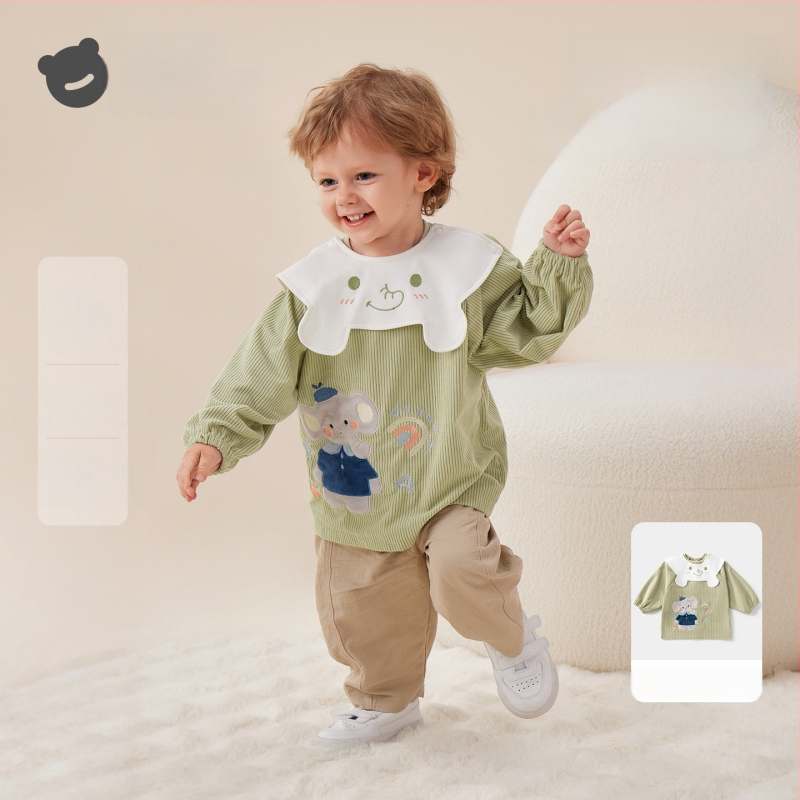 Vaikų vandeniui atsparus corduroy smock su bib, animacinis raštas, 100% poliesteris, amžius 0–1 metų, ruduo 2025