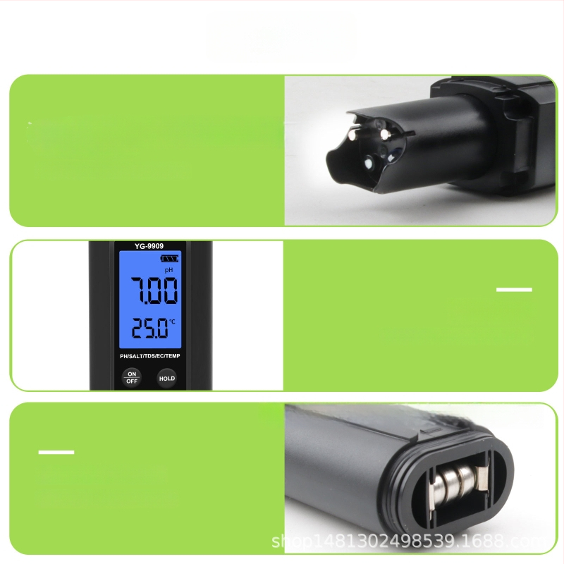 Vandens kokybės 5-in-1 testeris baseinams ir akvariumams – pH, EC/TDS, druskos kiekis, temperatūra (modelis YG-9909)