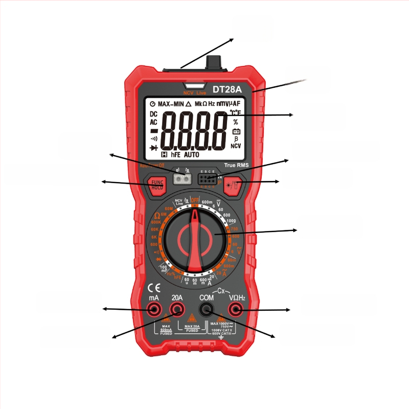 Skaitmeninis multimetras DT28A6000 — pritaikytas leidimas, nešiojamas profesionaliam naudojimui; Talpa iki 100 mF; DC įtampa iki 1000 V; AC įtampa iki 750 V; DC srovė iki 20 A; AC srovė iki 20 A