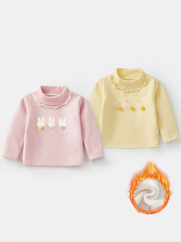 Kūdikių mergaitėms bazinis marškinėlis su fliso įdaila, storas ir šiltas, ilgomis rankovėmis, pusiau aukšta apykaklė, rudens–žiemos laikotarpiui