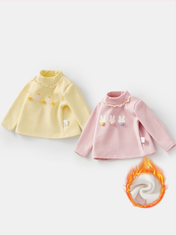 Kūdikių mergaitėms bazinis marškinėlis su fliso įdaila, storas ir šiltas, ilgomis rankovėmis, pusiau aukšta apykaklė, rudens–žiemos laikotarpiui