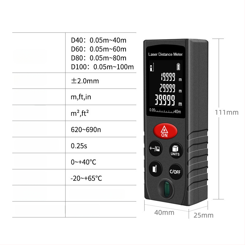 Inorm Nešiojamas lazerinio atstumo matuoklis, diapazonas 0,05–100 m, raiška 1 mm, tikslumas ±2 mm, IP54 apsauga