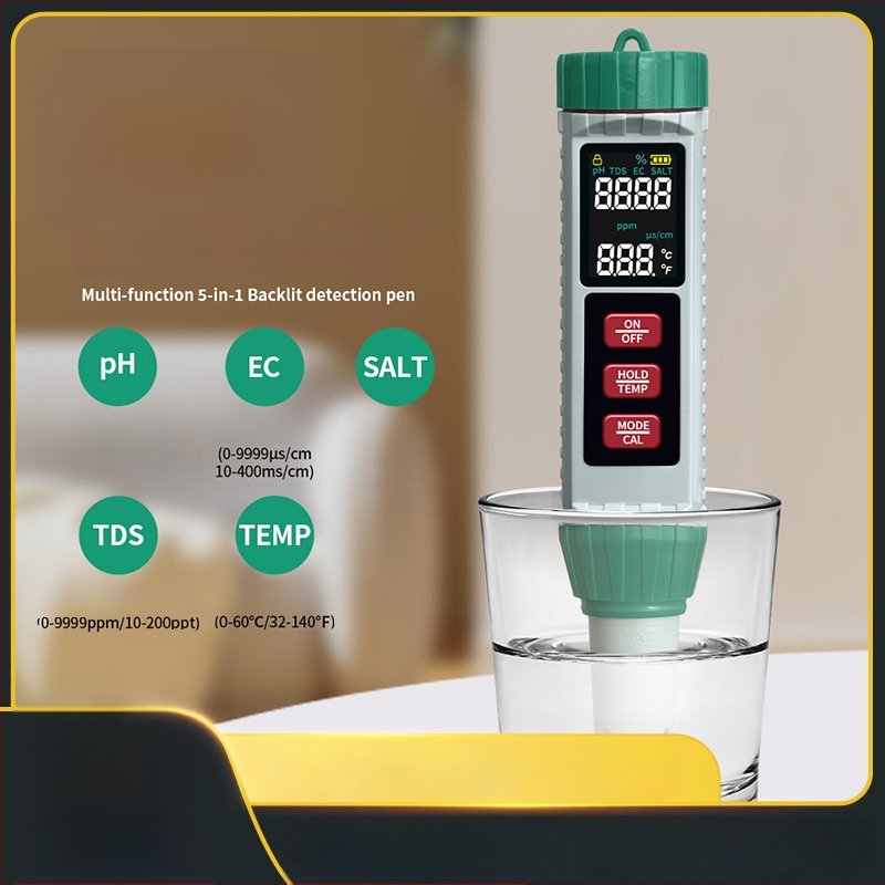 Nešiojamas vandens kokybės analizatorius 5-in-1: pH, EC, TDS, druskos koncentracija ir temperatūra (Model MF-X51)