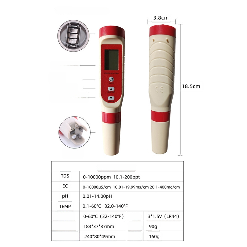 W4L Keturių funkcijų nešiojamas vandens kokybės analizatorius su pH (0.00–14.00), TDS (0–19990 ppm), EC (0–19990 μS/cm) ir temperatūra (0.1°C raiška, ±0.5°C) aukštos precizijos pH tester